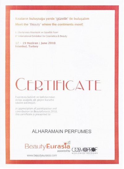 al haramain perfumes 2010 beauty eurasia certificate of participation & contribution